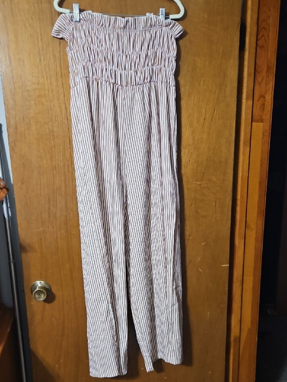 SHEIN Light Tan & White Striped Smocked Wide-Leg Jumpsuit Pants - Picture 5 of 7